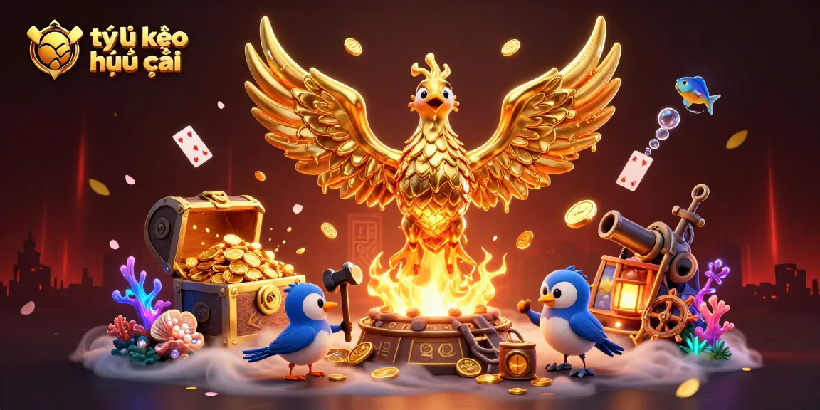 Engage with the tỷ lệ kèo nhà cái in this vibrant casino-themed illustration showcasing game elements like gold coins and cards.