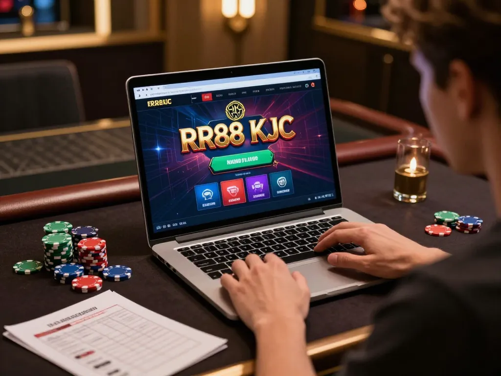 Engage in thrilling RR88 KJC online gaming experience with a laptop and strategy notes.