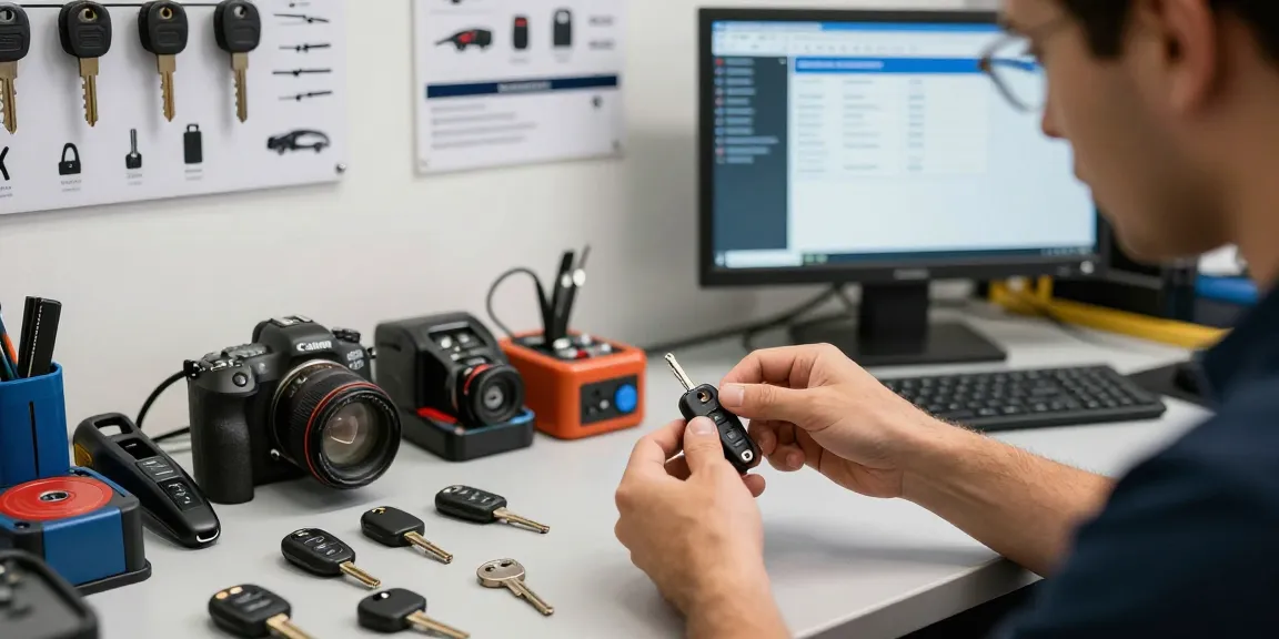 Experte für Autoschlüssel im Geschäft mit verschiedenen Schlüsseln, Hier klicken für professionelle Lösungen.