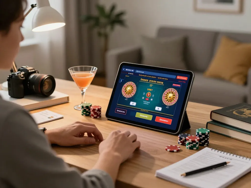 Player strategizing in online gaming session on 78WIN platform with stacks of chips and tablet