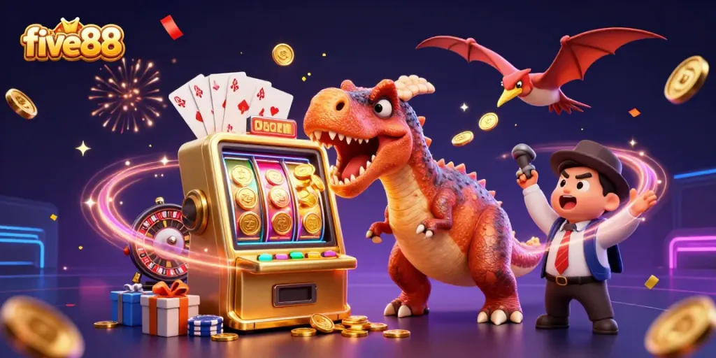 five88 spins up jackpots as a pachycephalosaurus hits a slot machine amid a casino frenzy.
