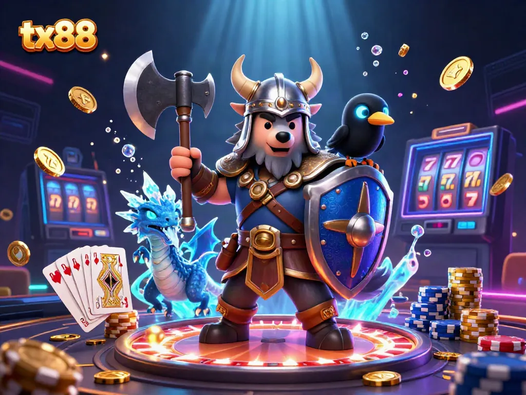 Experience the thrill of tx88 with a heroic Viking wolf warrior, fierce dragon, and casino elements in an exciting scene.