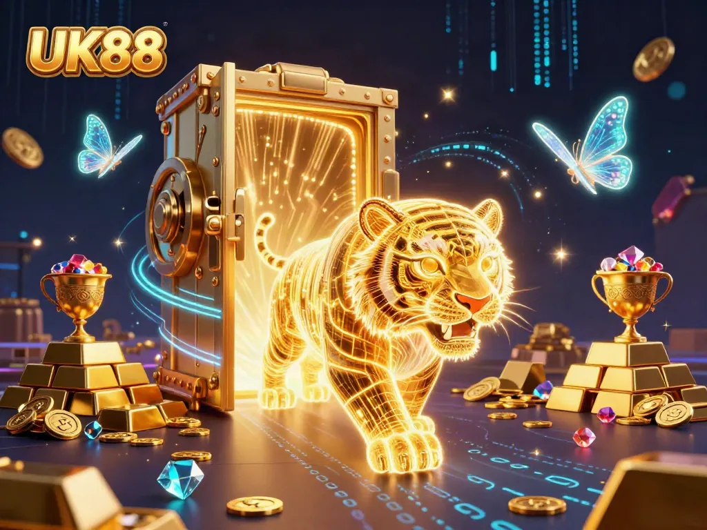 Experience the thrill of UK88 with a golden tiger and vibrant casino elements in a stunning 3D scene.