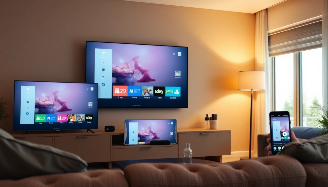 Visualize IPTV anbieter service features showcased on diverse devices in a cozy setting.