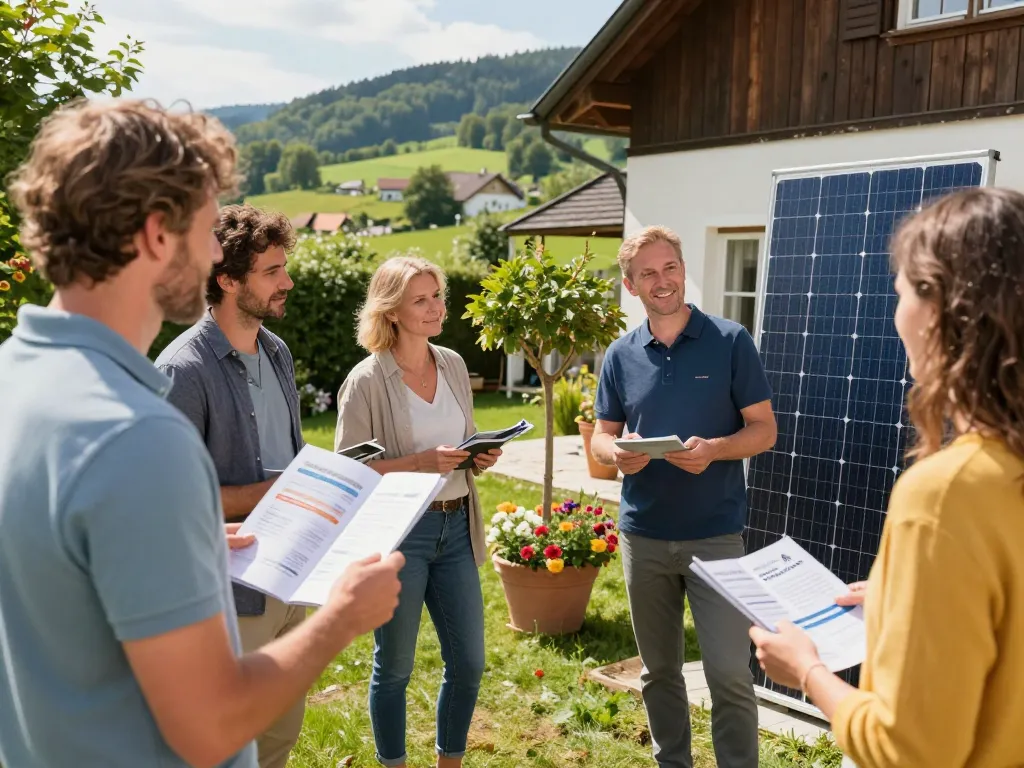 Diskussion über Photovoltaik Bayern Optionen in einem sonnigen Garten mit Hausbesitzern und einem professionellen Installateur.