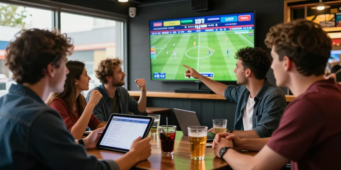Sports betting enthusiasts analyzing data and watching live matches at https://soikeonhacai.com.co/ betting hub, creating an energetic atmosphere.