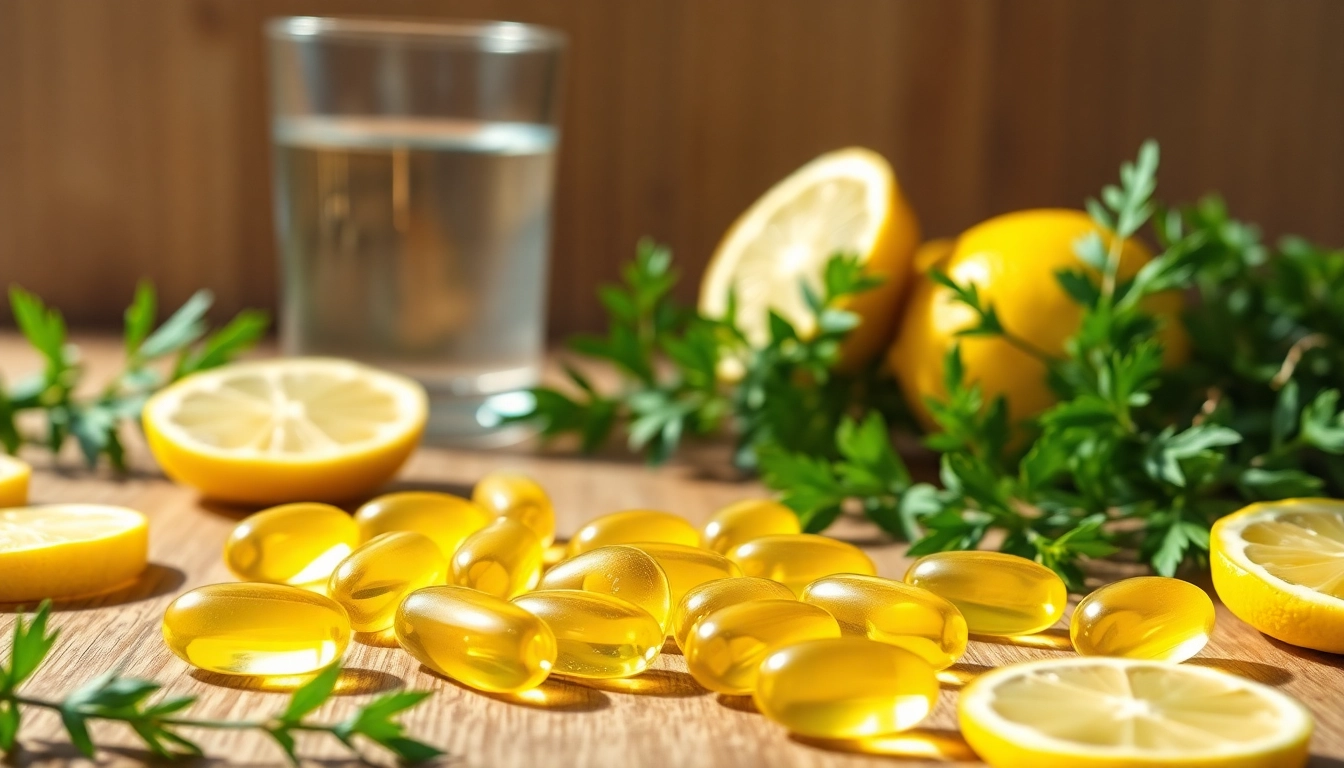 Vitamin D3 vegane Softgels auf einem Holztablett mit frischen Kräutern und Zitrone