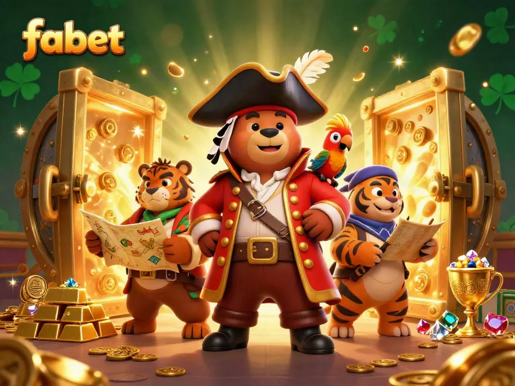 Catch fantastic treasures at fabet with a dynamic scene of a pirate bear, fierce tiger, and a parrot revealing riches.