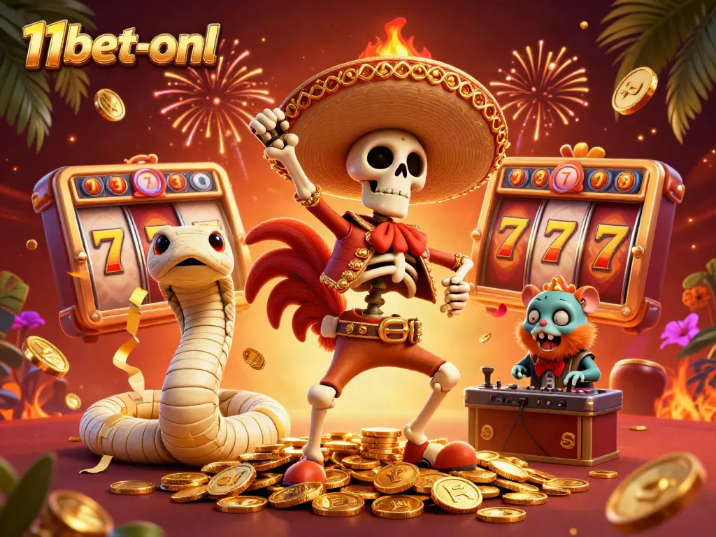 Experience thrilling wins at 11bet-onl with vibrant 3D gaming characters in a festive casino scene.