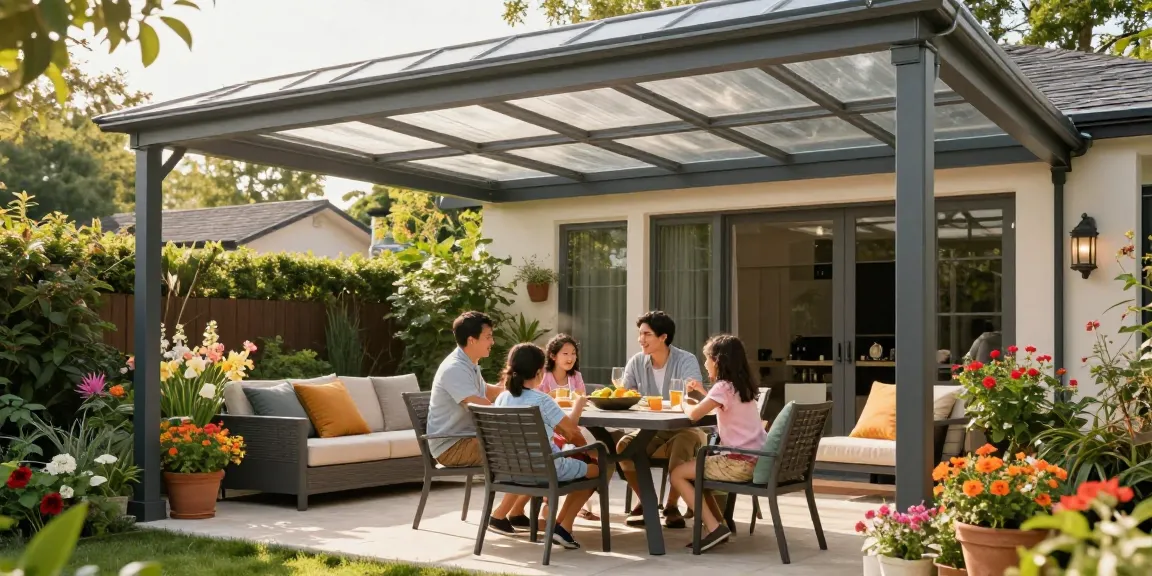 Terrassenüberdachungen aus Aluminium im Garten, Familie genießt die Zeit im Freien.