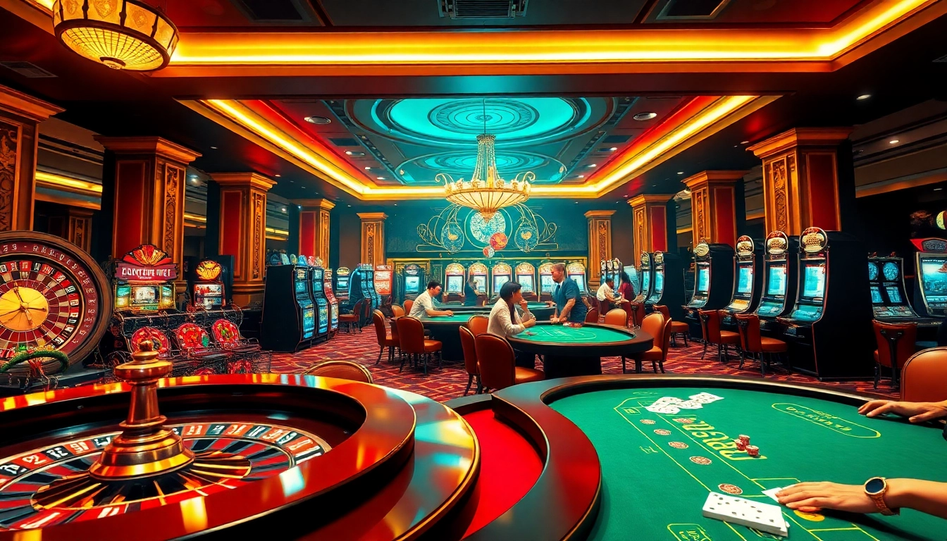 The excitement of gambling at https://f168.sarl/ with high-stakes poker and roulette in a luxurious casino environment.