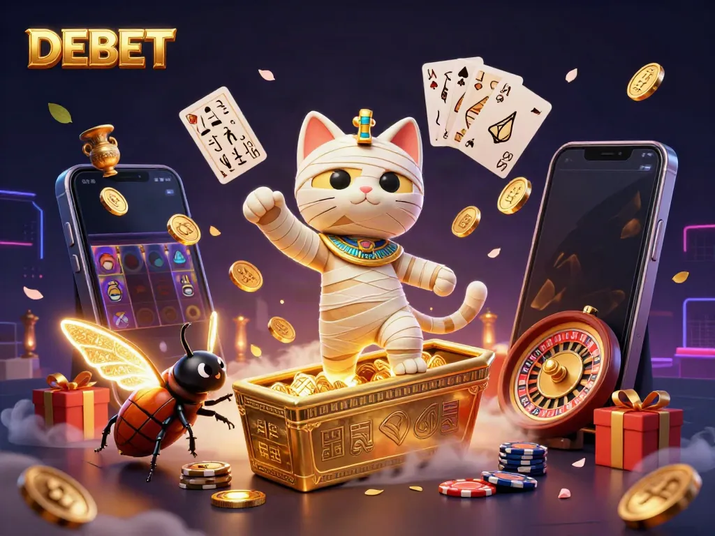 Engage in thrilling games at DEBET, featuring a vibrant 3D Egyptian-themed casino scene with lively characters.