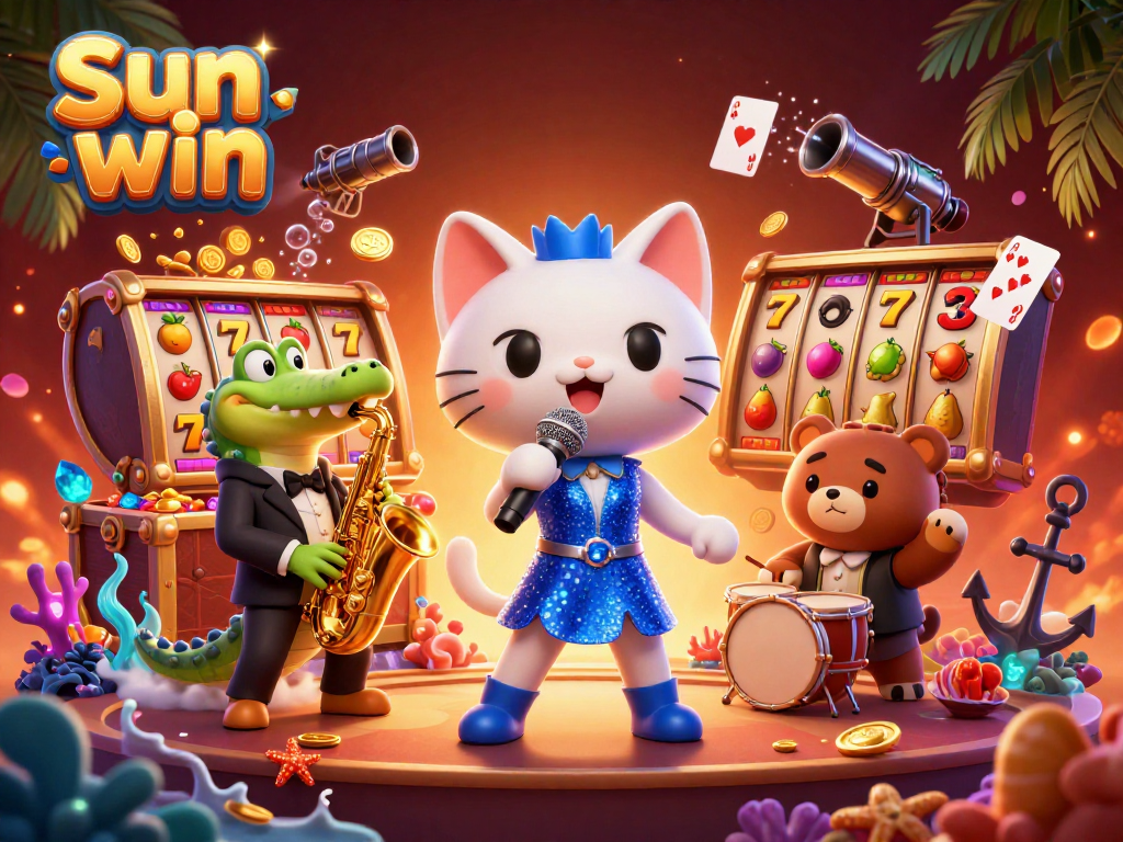 Engage with the dynamic scene of Sun win showcasing a glamorous cat singer amidst slot machines and vibrant casino elements.
