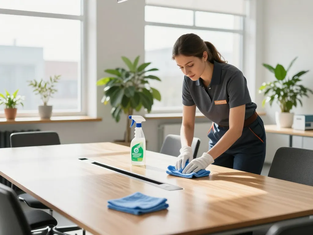Professioneller Reinigungsservice in Münster mit Reinigungskraft, die einen Konferenztisch in einem hellen Büro abstaubt.