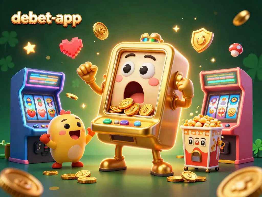 Experience the excitement of debet-app with a golden slot machine hitting the jackpot amidst cheering baby machines.