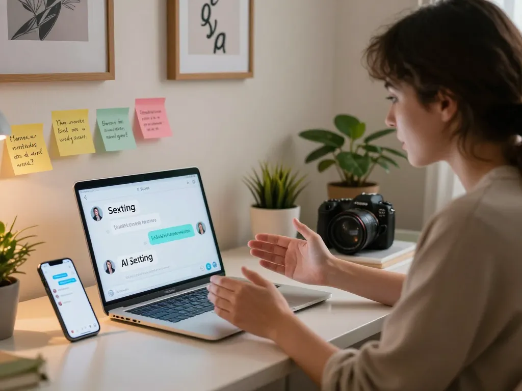Engaging discussion about sexting AI in a cozy home office with digital devices and relationship notes.