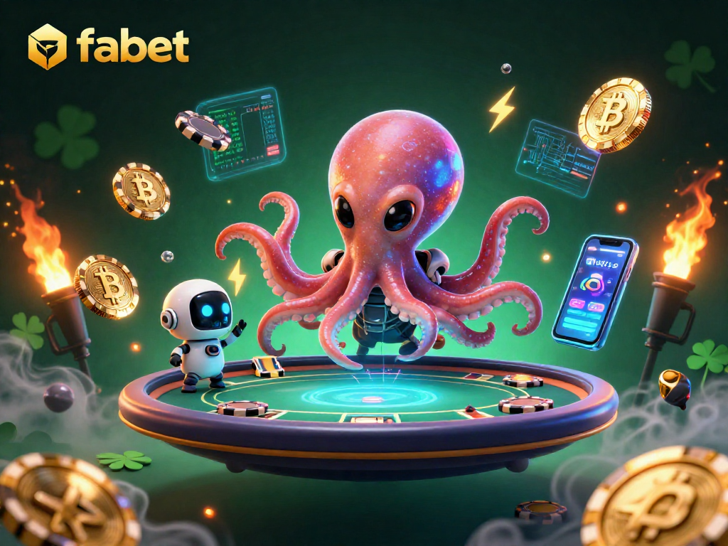 Play poker with fabet's alien octopus in a vibrant 3D galactic casino, featuring crypto coins.