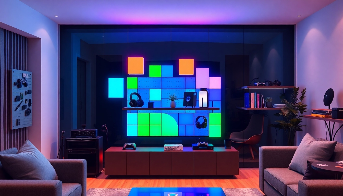 Nanoleaf Block Test showcasing colorful RGB light panels integrated into a modern living space setup.