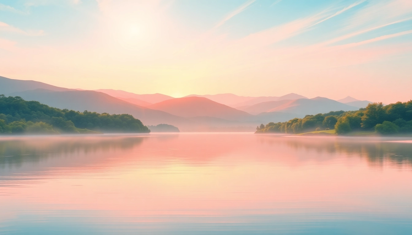 Explore emotional wellbeing in a serene landscape featuring a calm lake and lush greenery.