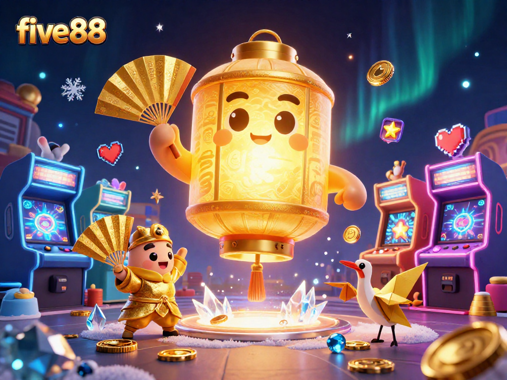 Experience the thrill of gaming with five88's vibrant night market casino, featuring a glowing lantern spirit and arcade machines.
