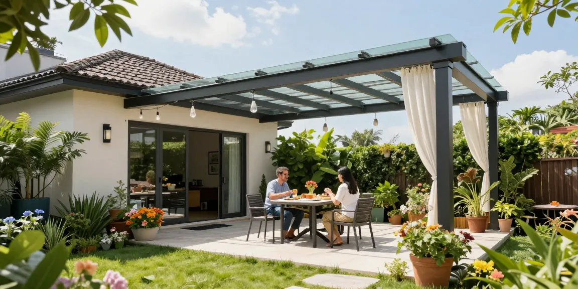 Terrassenüberdachung freistehend mit stilvollem Design und fröhlichem Paar bei einer Mahlzeit im Freien