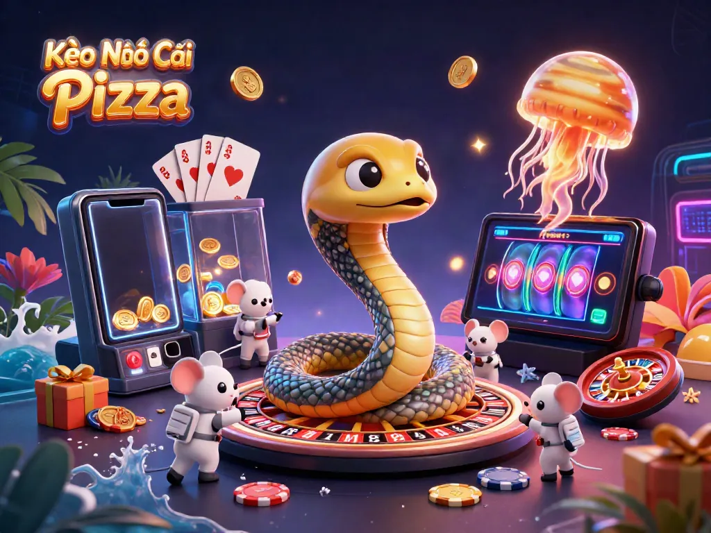 Experience Kèo Nhà Cái Pizza with a 3D cosmic scene of gambling fun in space.