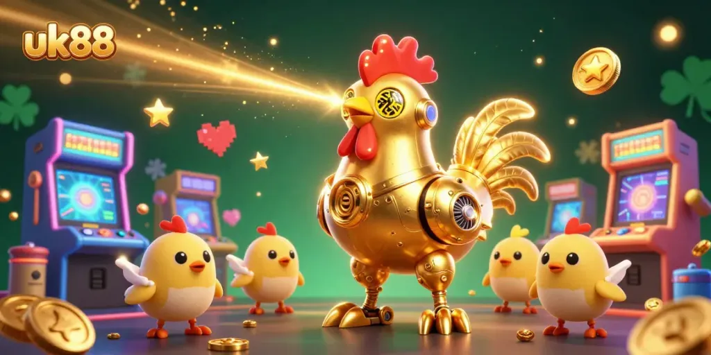 Experience excitement at uk88 with a dazzling golden rooster robot and baby chick drones in a vibrant casino world.
