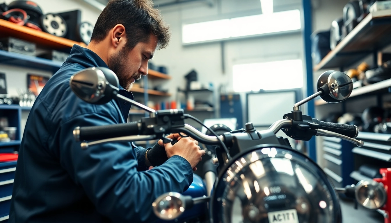 Motorradgutachten Augsburg – Fachmann bei der Inspektion eines Motorrads in einer Werkstatt.