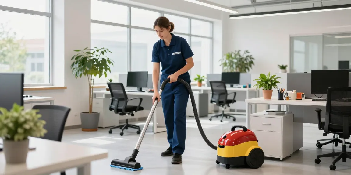 Professional cleaner at work in a vibrant office for reinigungsfirma solothurn, highlighting cleanliness and attention to detail.