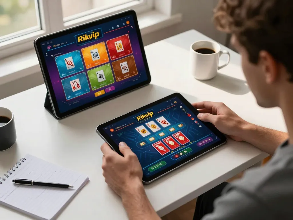 Engaged player exploring rikvip app on tablet during online gambling session.