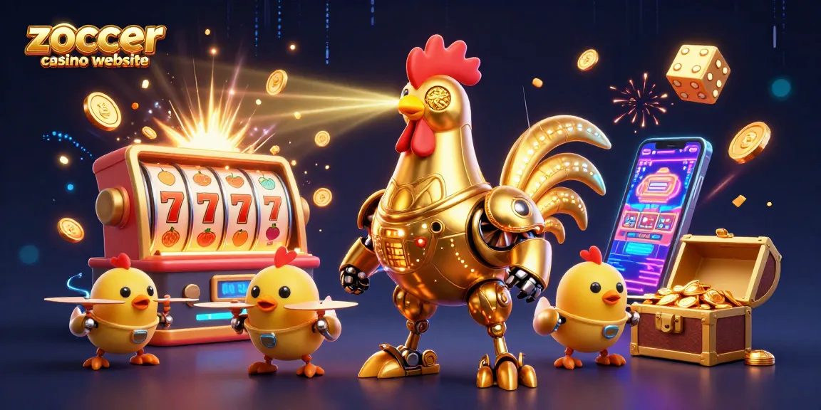 Besuchen Sie die Zoccer Casino Website und erleben Sie ein Casino-Abenteuer mit einem goldenen Roboter-Hahn und aufregenden Spielautomaten.
