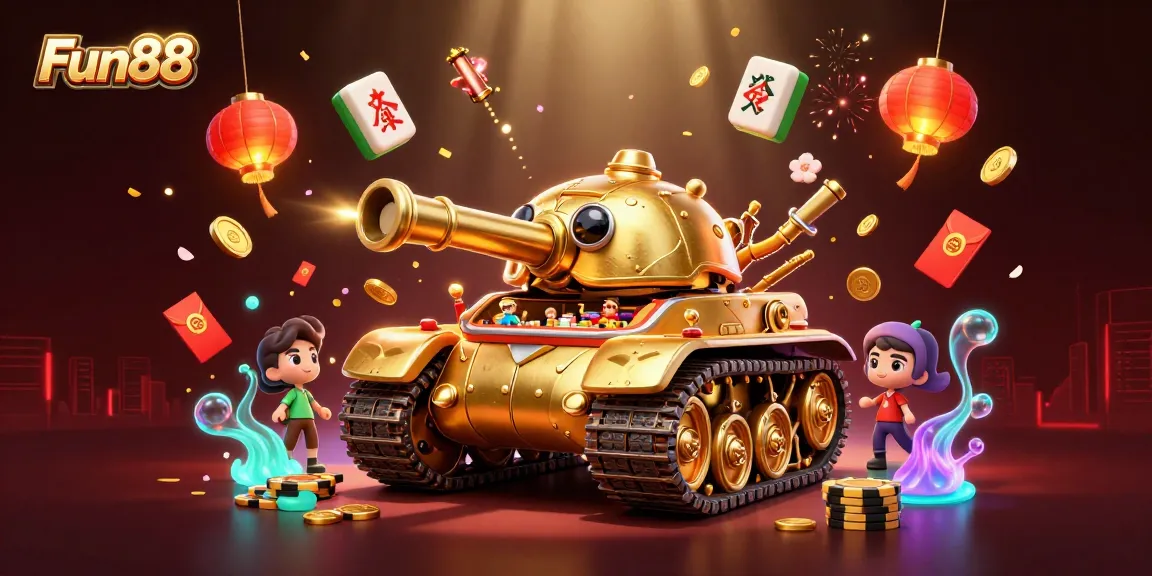 Experience the excitement of Fun88 with a vibrant 3D casino scene featuring a golden beetle tank.