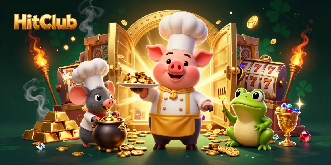 HitClub highlights thrilling casino action with vibrant scenes of a chef pig, sous-chef mouse, and critic frog amidst gold!