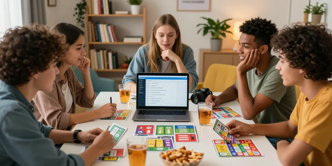 Freunde spielen ein Quiz Allgemeinwissen in gemütlichem Wohnzimmer mit Snacks.