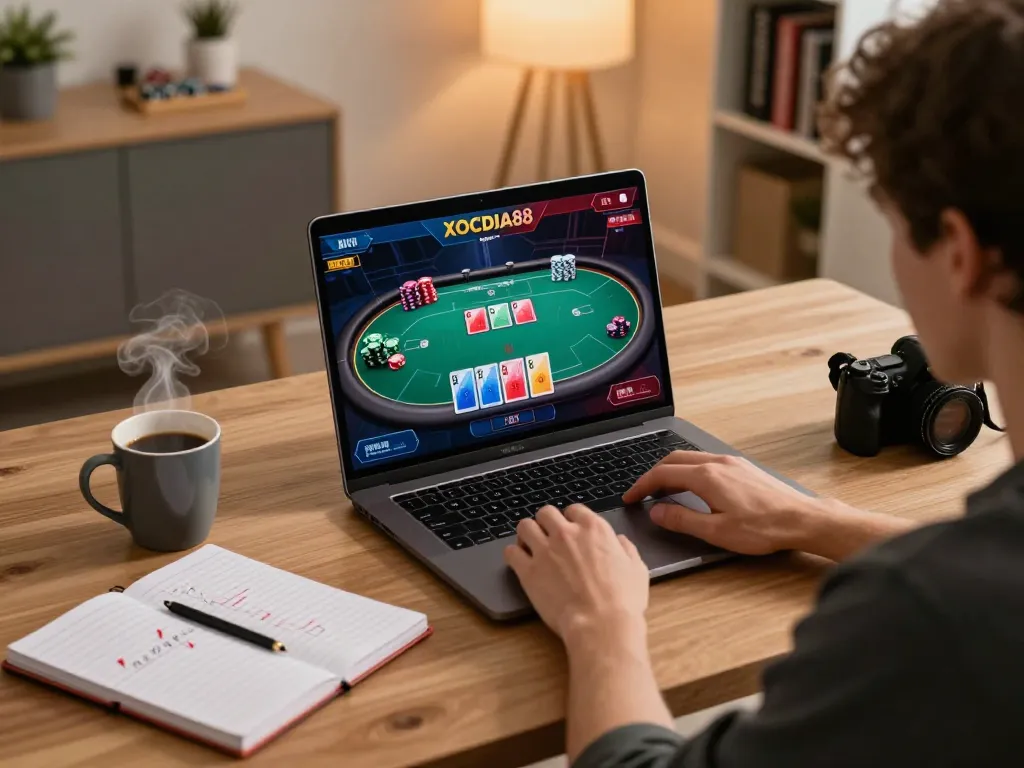 Player engaged in an immersive online session with XOCDIA88 on a laptop in a cozy home office.
