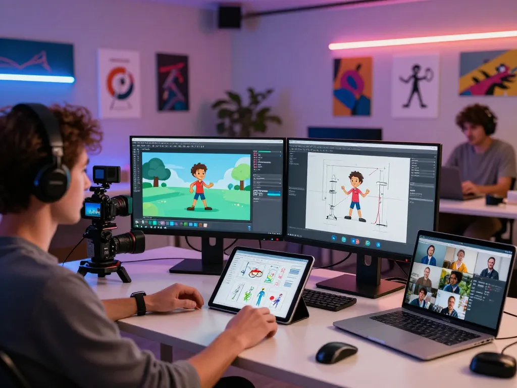 Animator using motion control software for digital animation on large screens in a creative workspace.