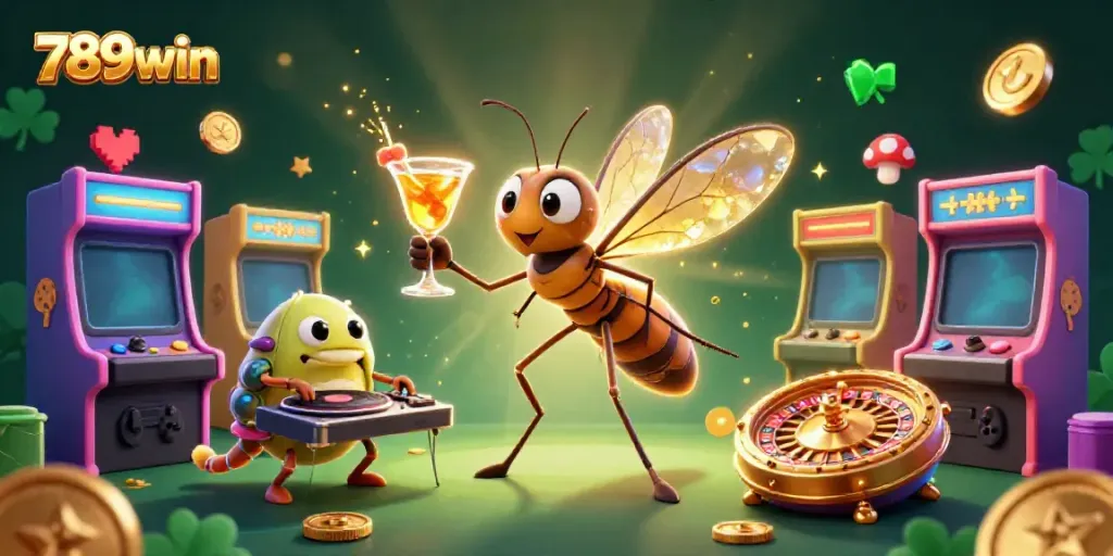 Engage with the vibrant 789win casino scene featuring a lively mosquito mascot, trilobite DJ, and golden roulette.