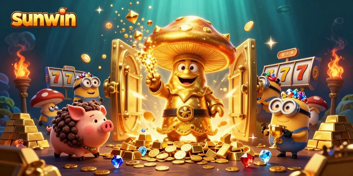 Join the sunwin magic with a golden mushroom wizard and treasures in a vibrant casino scene.