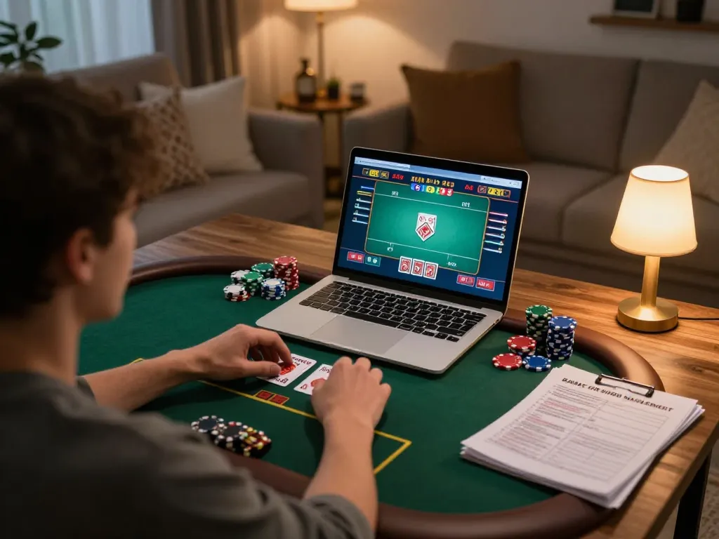 Engaging in an online poker game while managing bankroll strategies at home, https shown on screen.