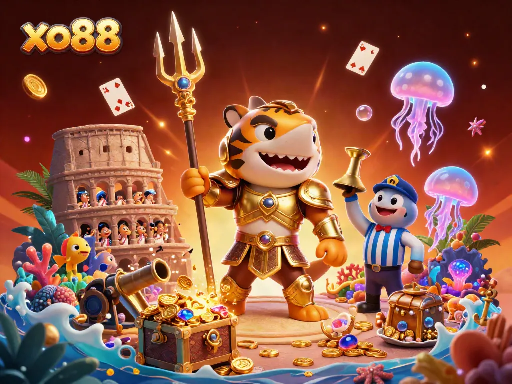 Engage in thrilling gameplay at xo88 featuring a shark gladiator in a vibrant underwater casino scene.