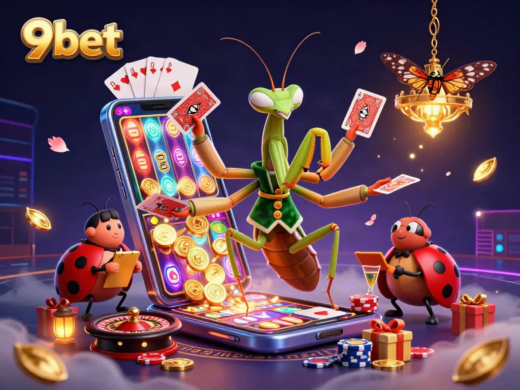 Engage with the exciting world of 9bet as a giant mantis card sharp deals cards surrounded by casino elements and vibrant game visuals.