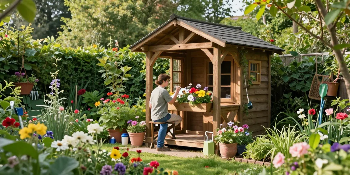Gartenhaus aus Holz im Garten mit blühenden Pflanzen und einem Hausbesitzer, der einen Blumenkasten bemalt.