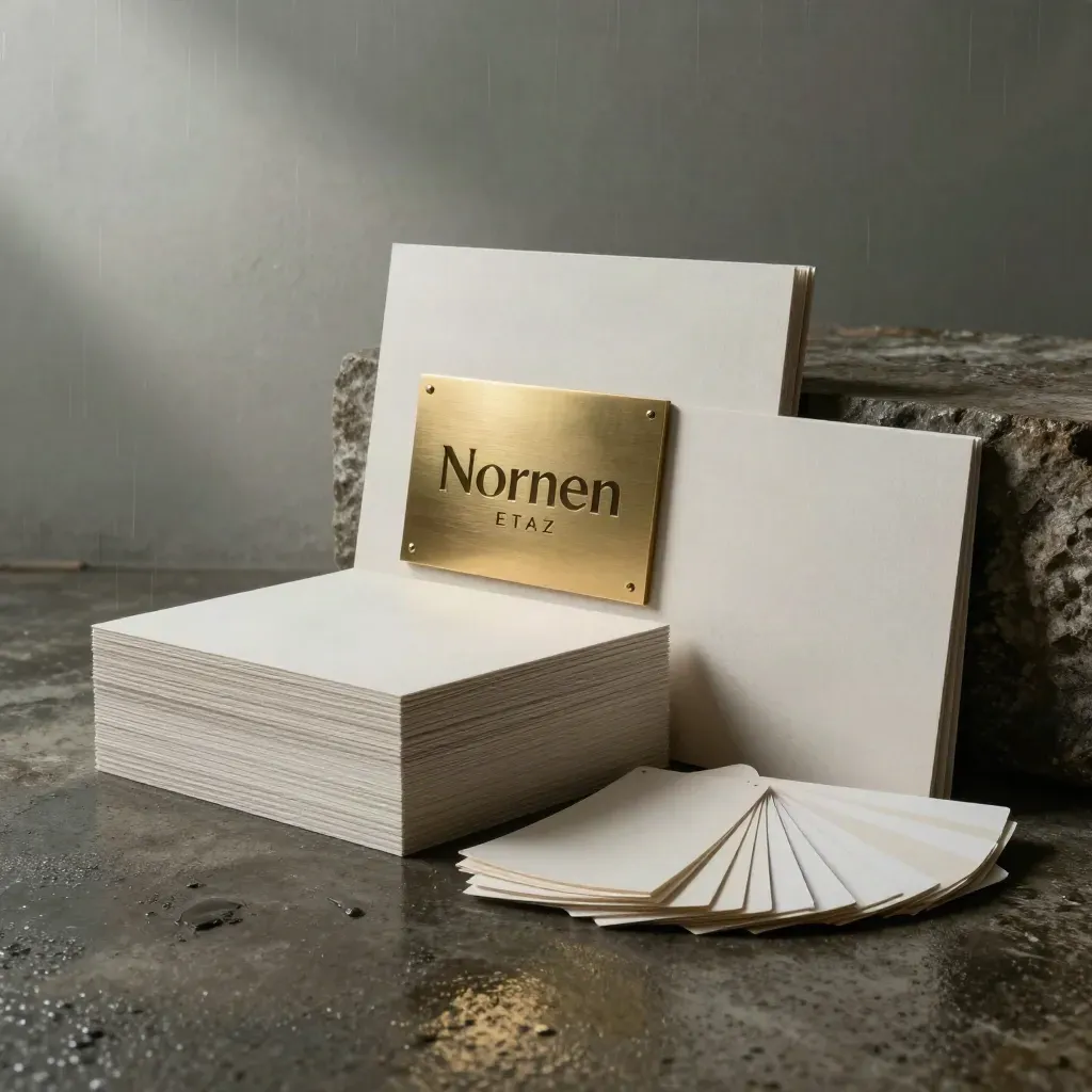 Brassene Logo-Plakette, Musterbögen und Packhüllen auf nassem Beton im Nebel