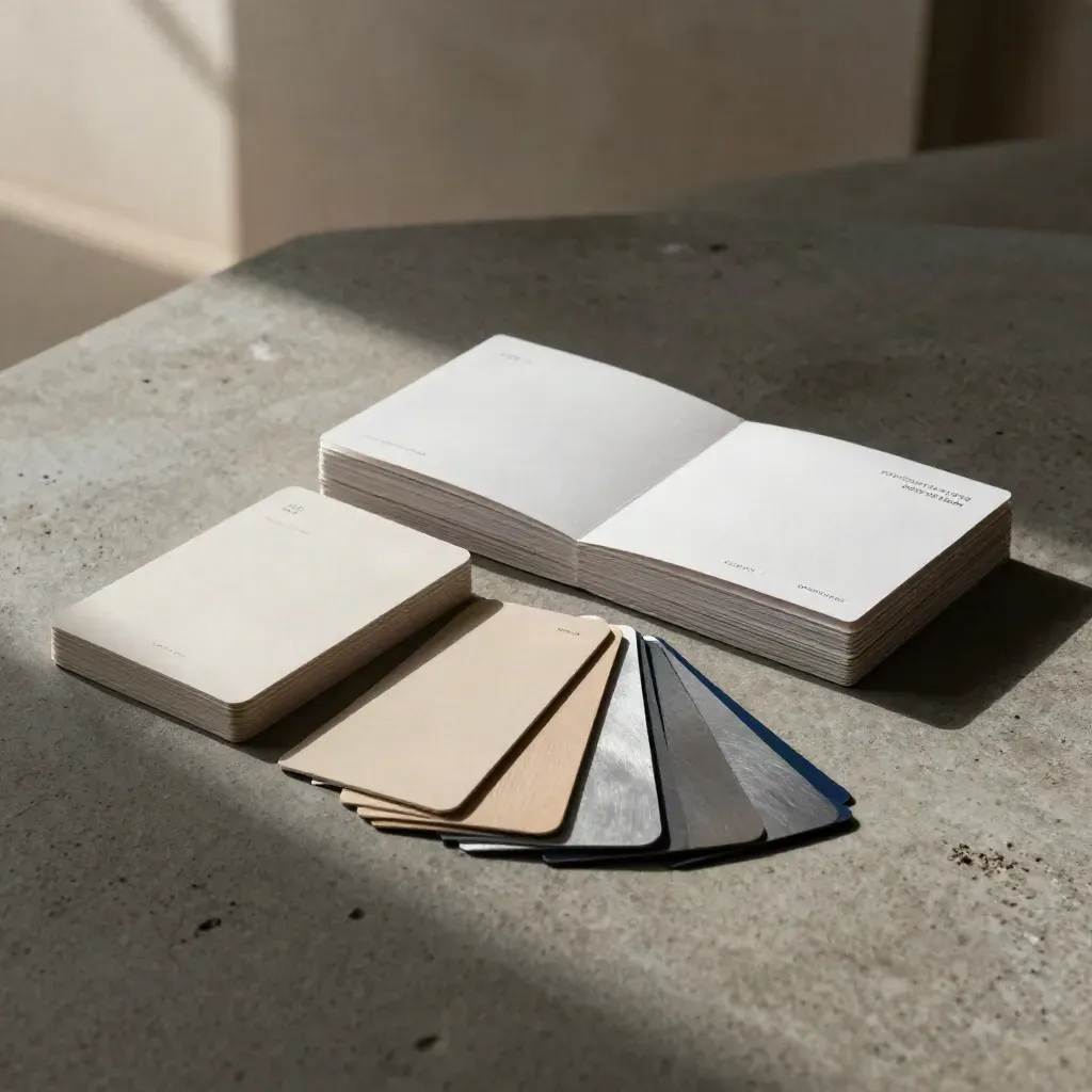 Startup-Branding-Kit mit Karten, Swatch-Fächer und Verpackungsmockup auf Beton.