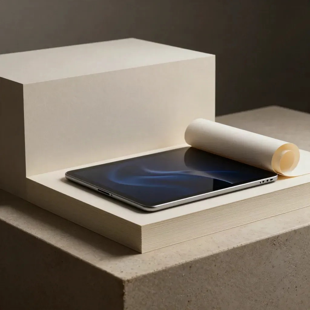 Papierraster, Tablet und Proofsheet im nächtlichen Designstudio mit kühlem Dunst.