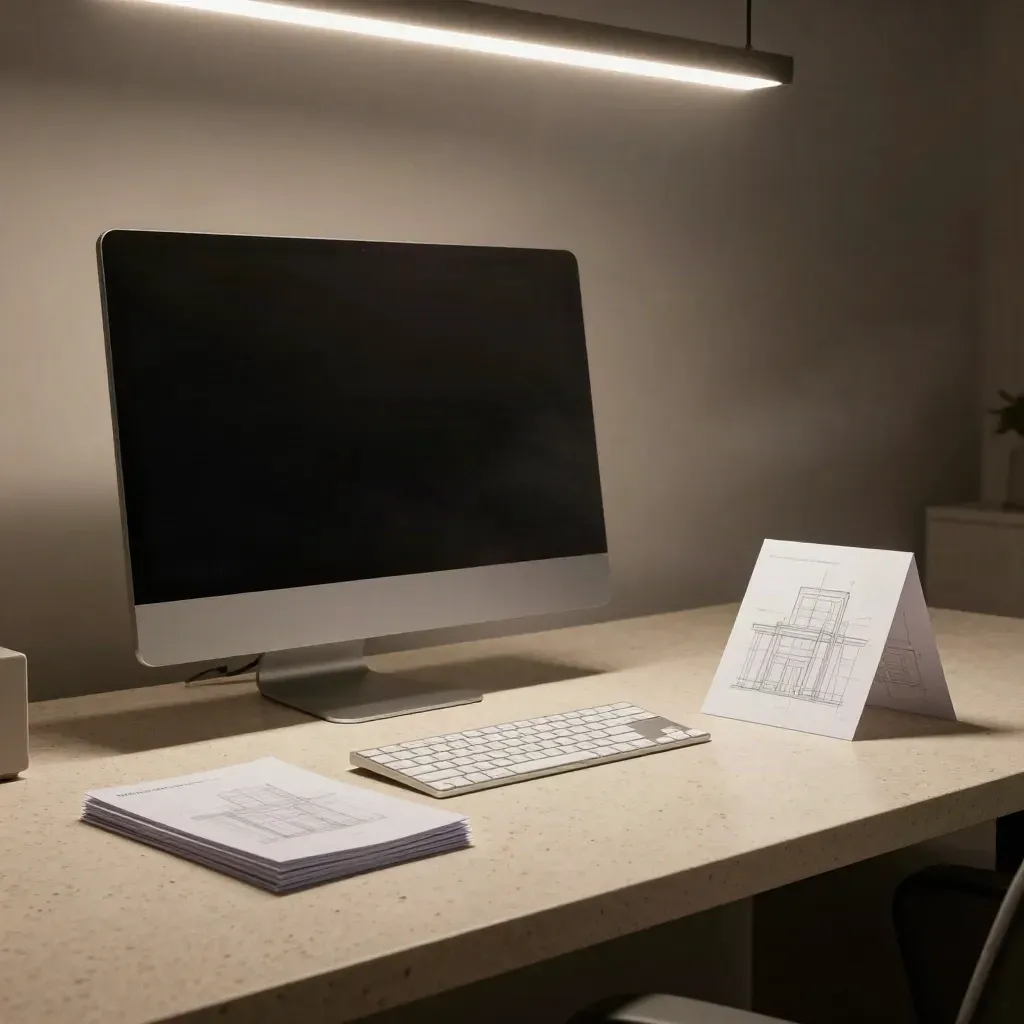 Dramatisches Studio-Setup mit Monitor, Wireframe-Karten, heller Tastaturhülle und gefaltetem Musterblatt.