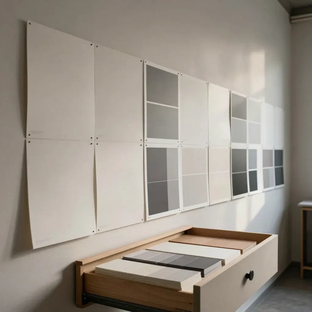 Blanke Posterboards und Papiermodule an einer Studiowand mit offenem Sampleschub
