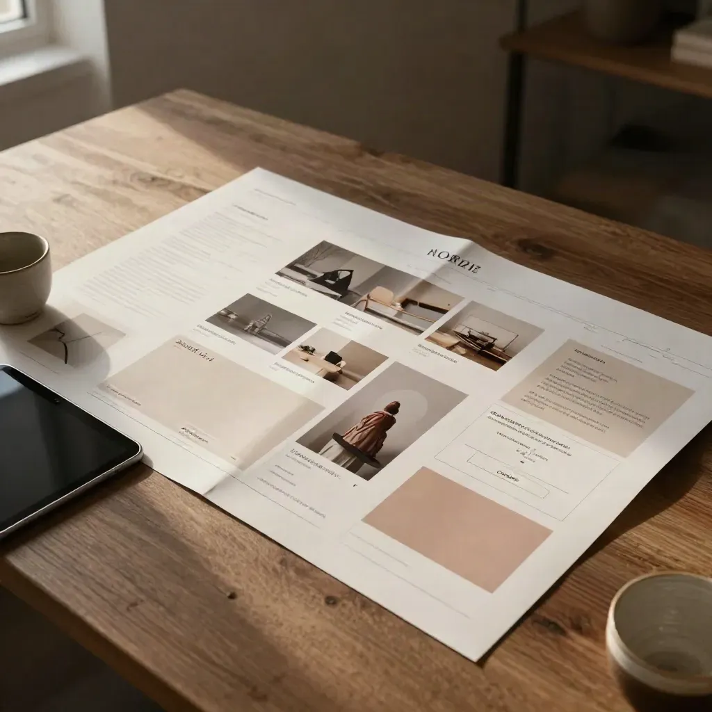 Homepage-Layoutboard, Proof, Tablet und Tasse auf sandfarbenem Studiotisch im warmen Licht.