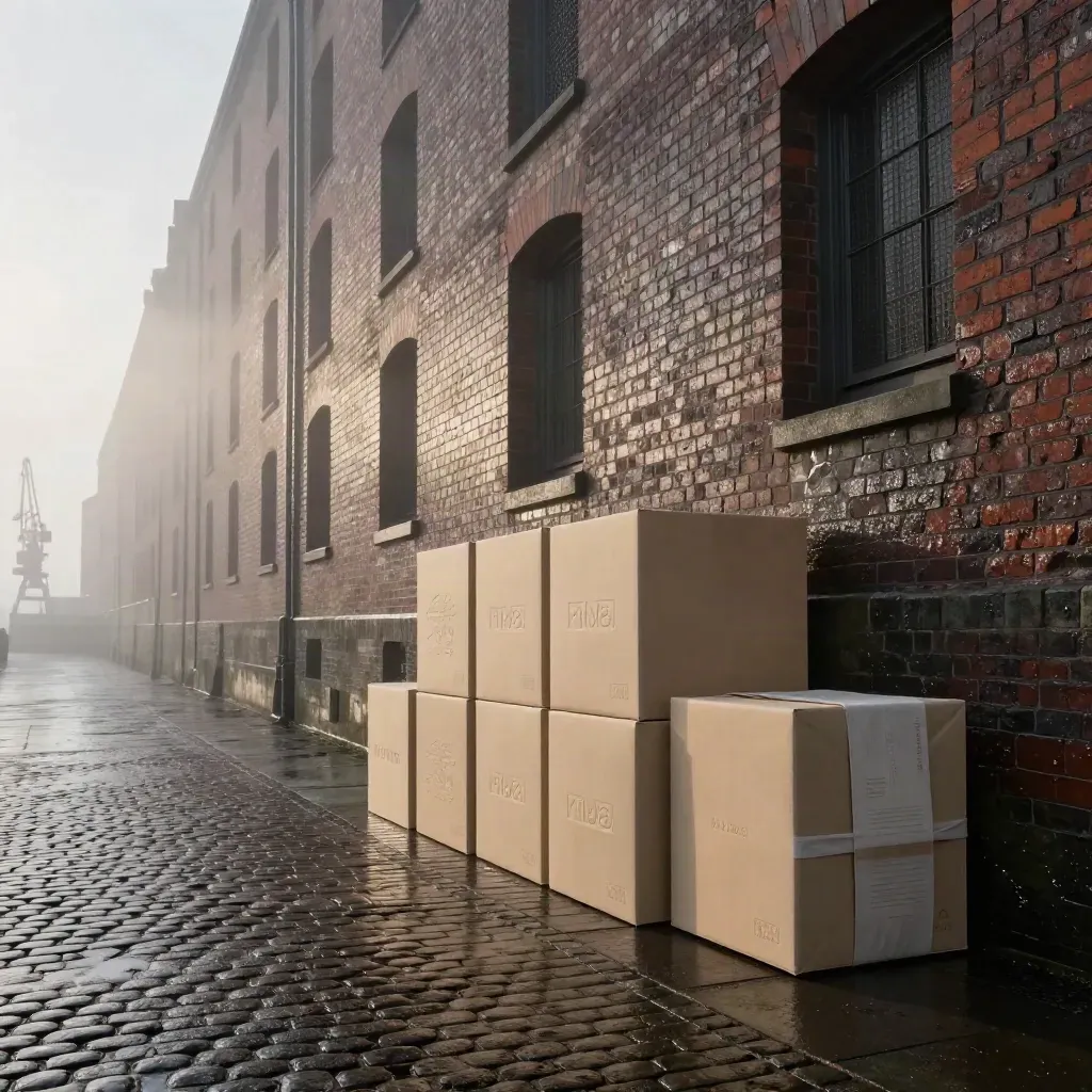 Nebeliger Hafen mit Backsteinfassade und gestapelten Sample-Boxen auf nassen Pflastersteinen.