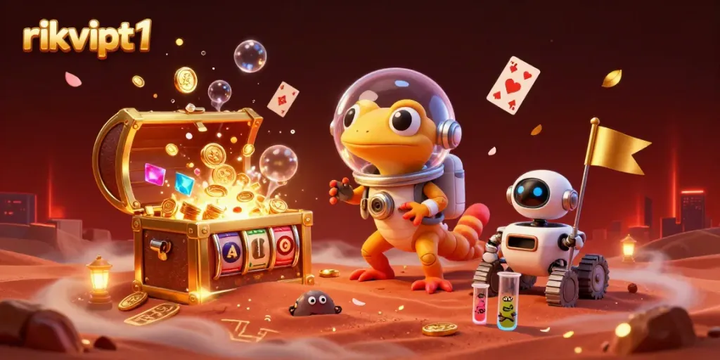 Experience the thrilling adventure of rikvipt1 with a Martian gecko uncovering a hidden casino treasure.